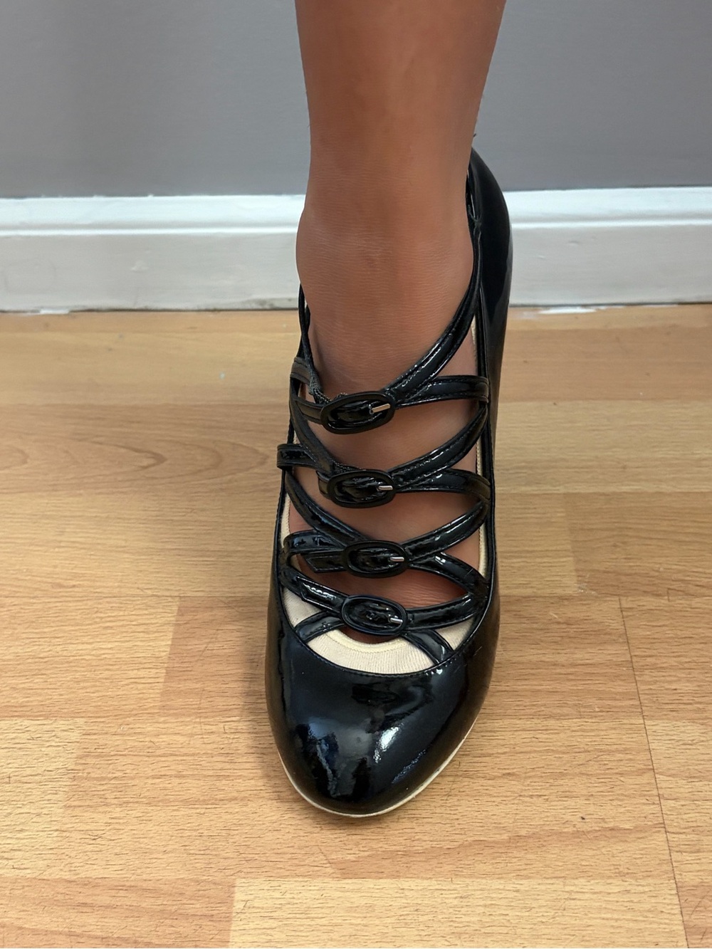CHANEL Black Patent Leather Quilted Cage Buckle Strappy Heels Pumps 39.5 US 9